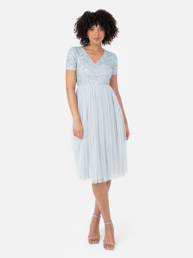 Maya Pale Blue V Neckline Embellished Midi Dress