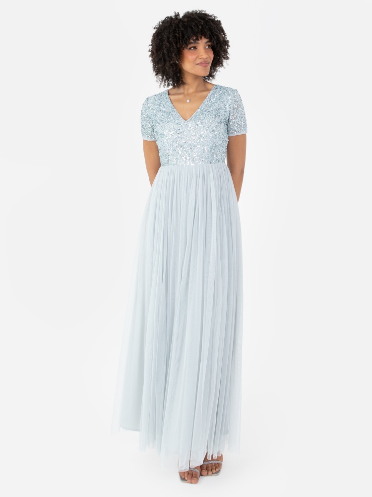 Maya Pale Blue V Neckline Embellished Maxi Dress 
