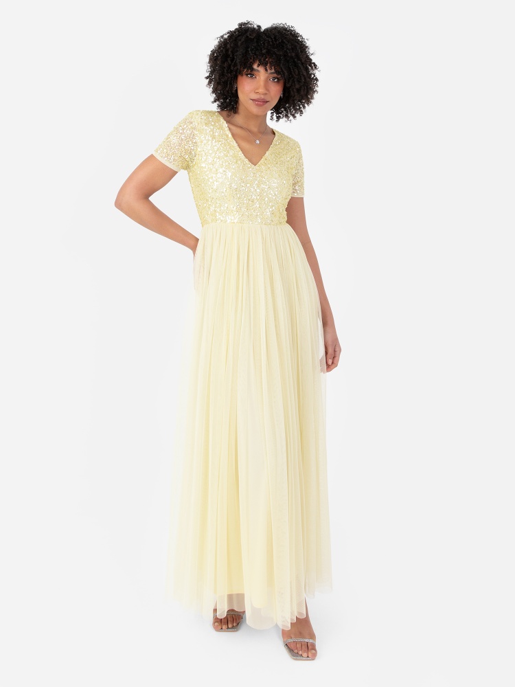 Maya Lemon Yellow V Neckline Embellished Maxi Dress