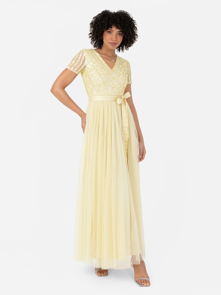 Maya Pale Yellow Stripe Embellished Maxi Dress With Sash Belt