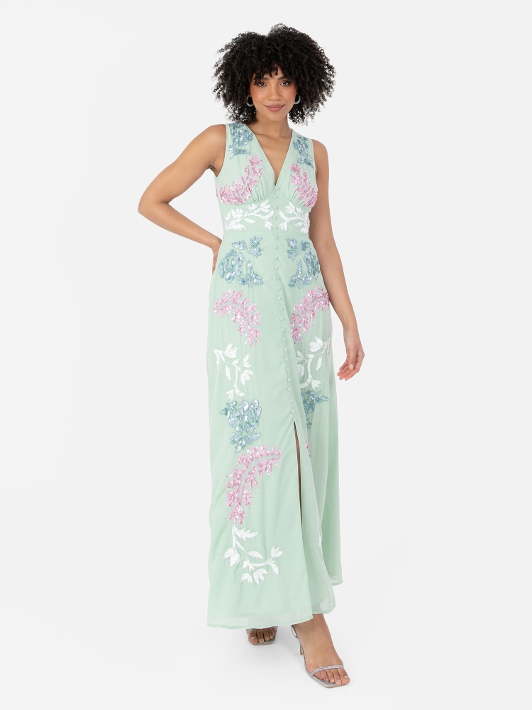 Maya Mint Floral Embellished Sleeveless Maxi Dress