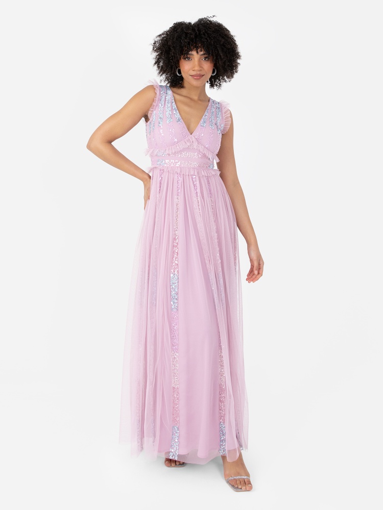 Maya Rainbow Embellished Sleeveless Maxi Dress with Ruffle Shoulder Detail