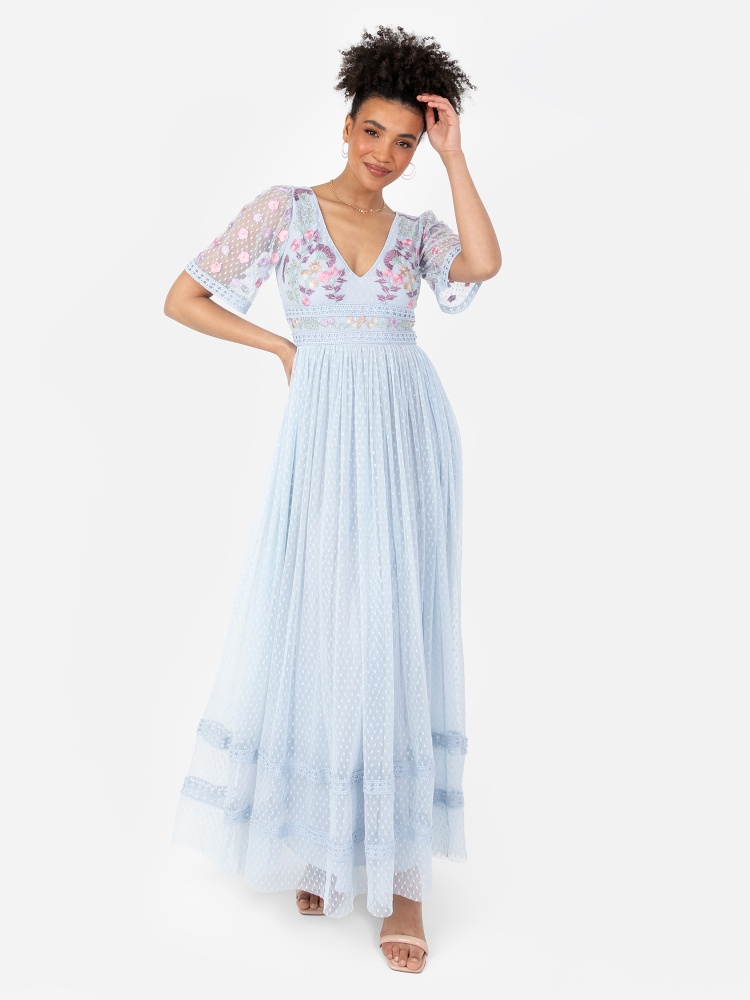 Maya Baby Blue Embroidered Spot Mesh Maxi Dress with Keyhole Back