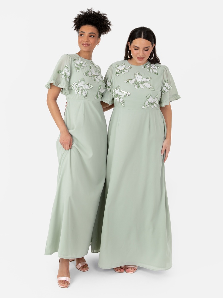 Maya Sage Green Floral Embellished Angel Sleeve Chiffon Maxi Dress