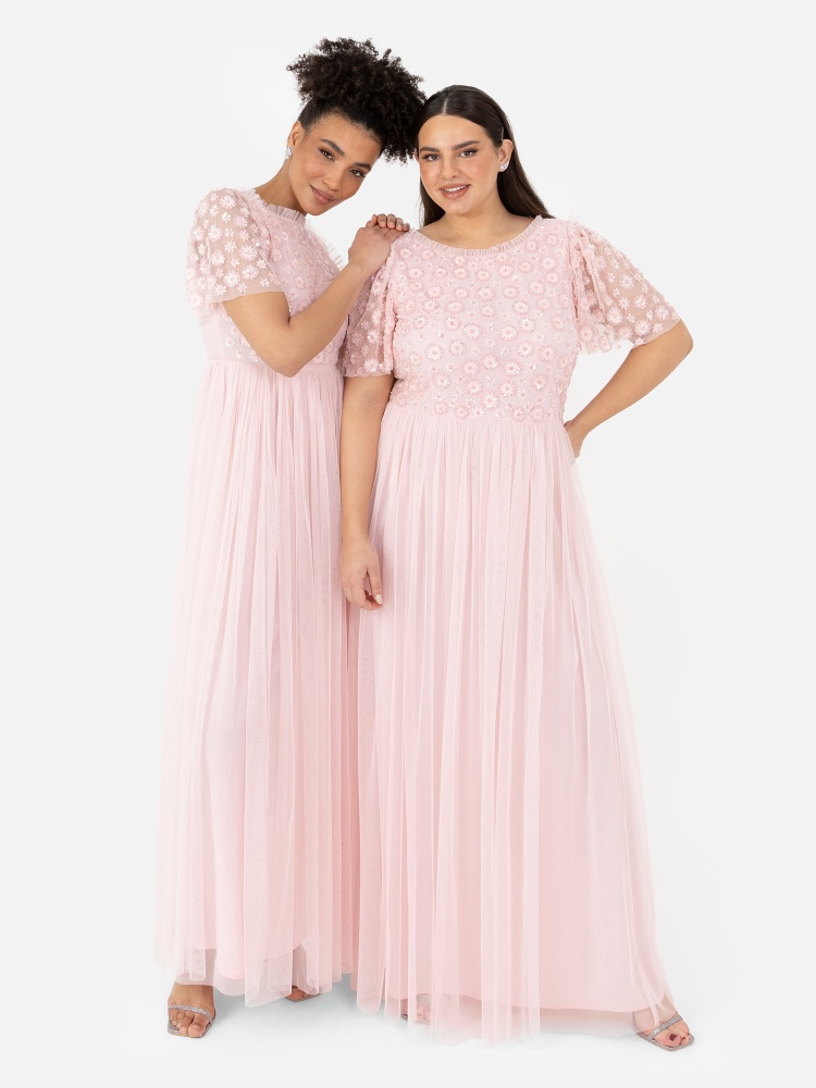 Maya Pink Floral Embellished Short Sleeve Maxi Dress