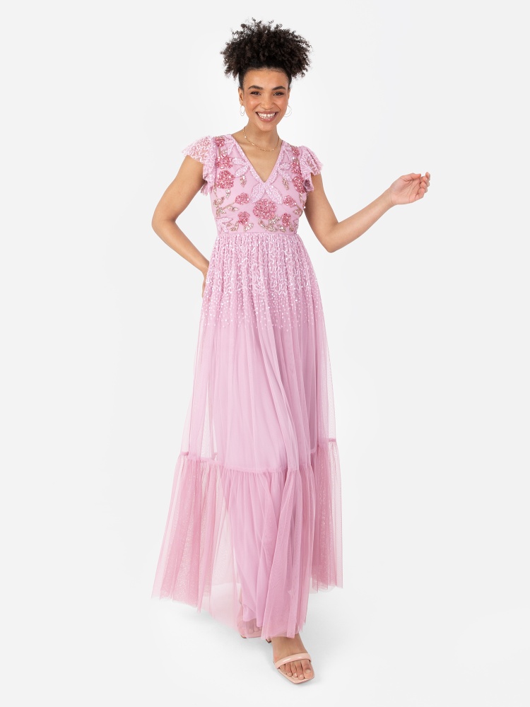 Maya Pink Rose Embellished Flutter Sleeve Maxi Dress