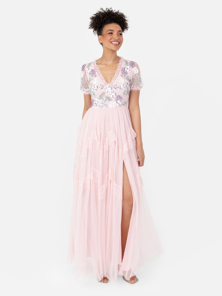 Maya Pink Embellished Maxi with Lace Trims
