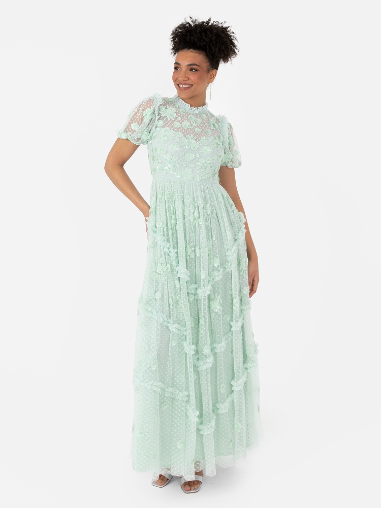 Maya Mint Floral Embellished Maxi Dress With Keyhole & Frill Detail