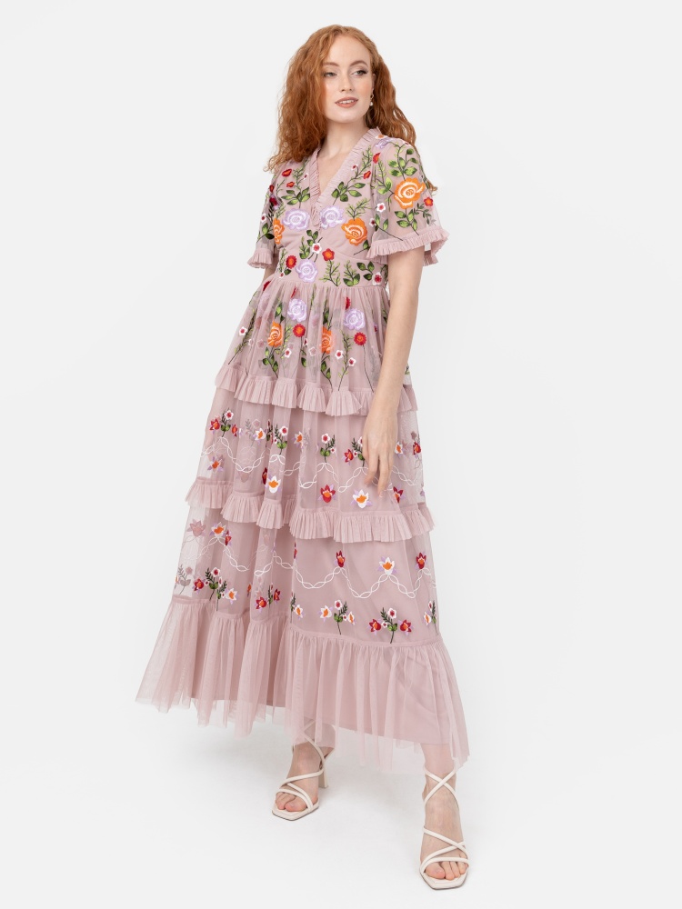 Maya Fully Embroidered Short Sleeved Tiered Midi Dress