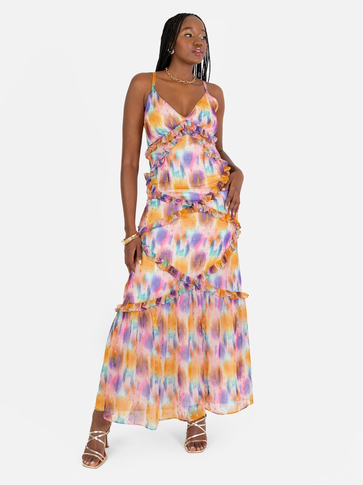 Anaya With Love Recycled Strappy Maxi Dress with Frill & Metallic Flock Detail