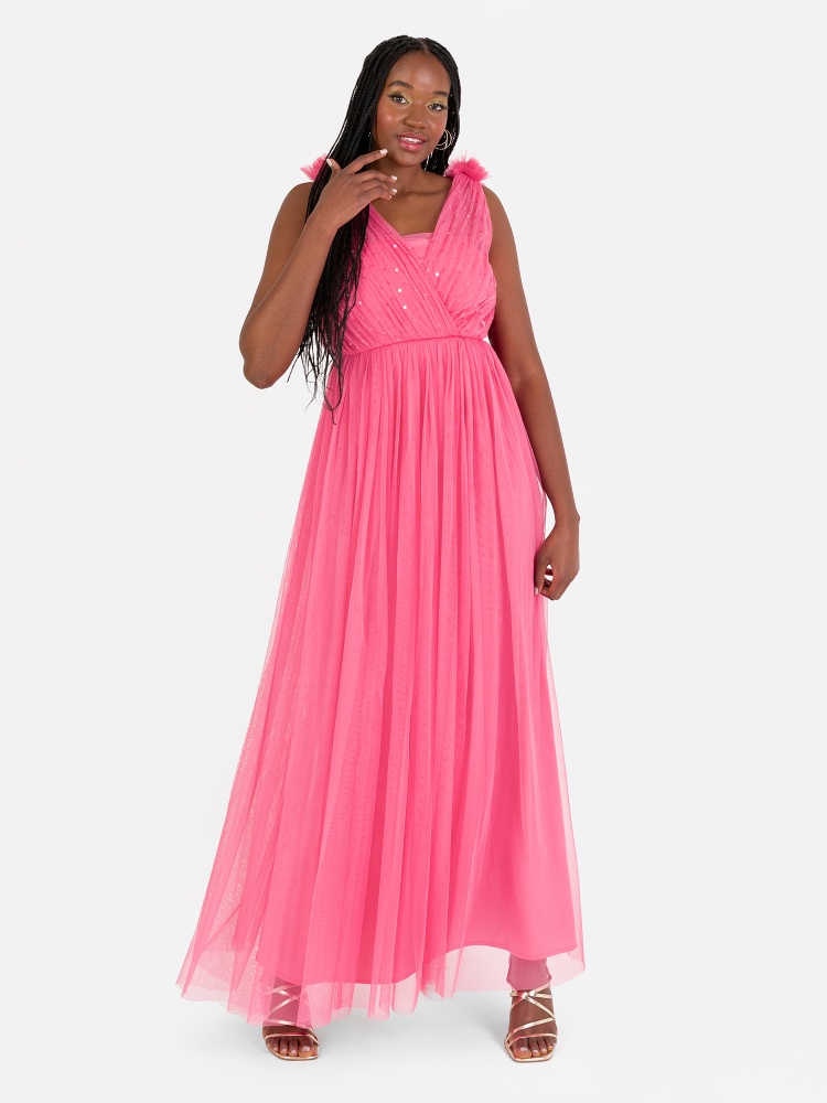 Anaya With Love Recycled Hot Pink Ruffle Shoulder Maxi Dress with Sequin Detail