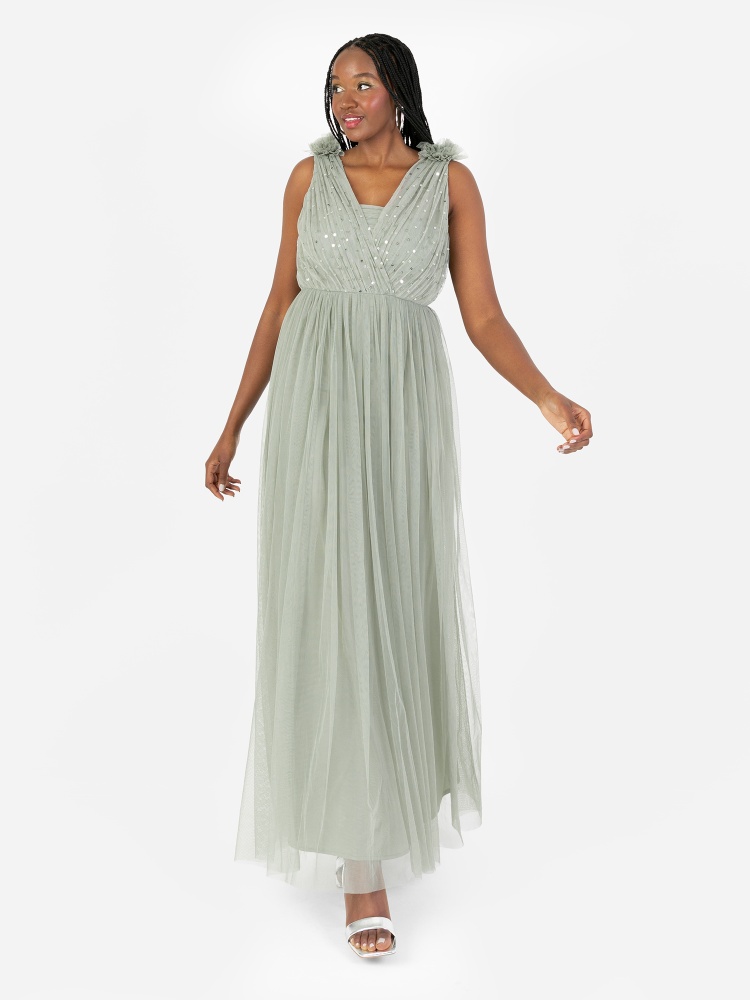 Anaya With Love Recycled Frosty Green Ruffle Shoulder Maxi Dress with Sequin Detail