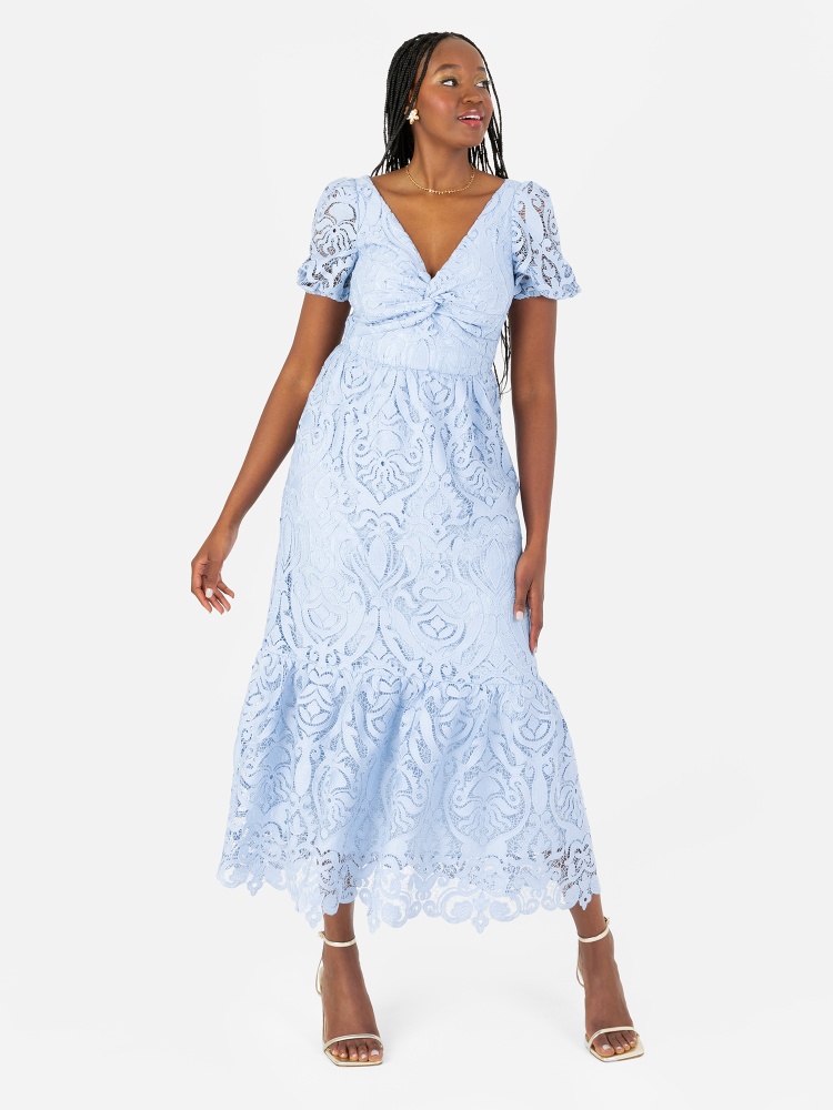 Maya Cornflower Blue Short Sleeve Lace Midi Dress with Twist Detail