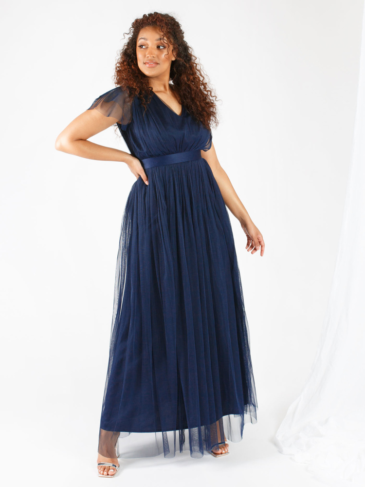 Anaya With Love Navy V Neckline Recycled Maxi Dress with Sash Belt