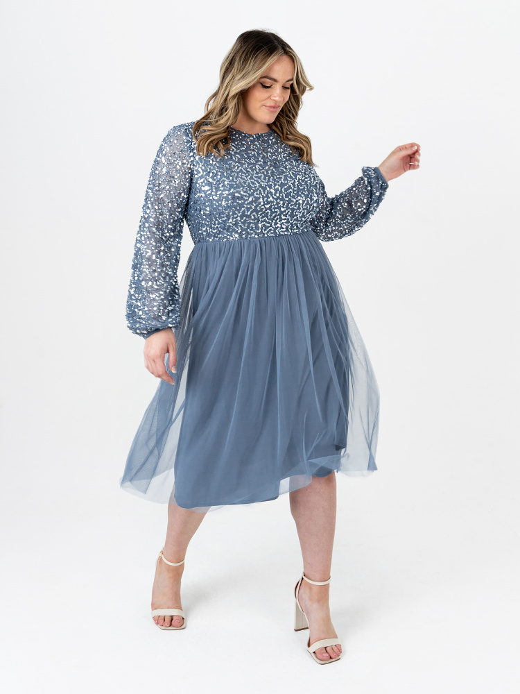Maya Curve Storm Blue Embellished Midi Dress with Long Sleeves and Keyhole Detail