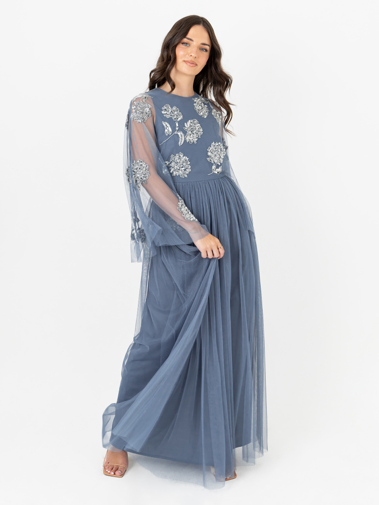 Maya Storm Blue Floral Embellished Maxi Dress with Sheer Kimono Sleeves