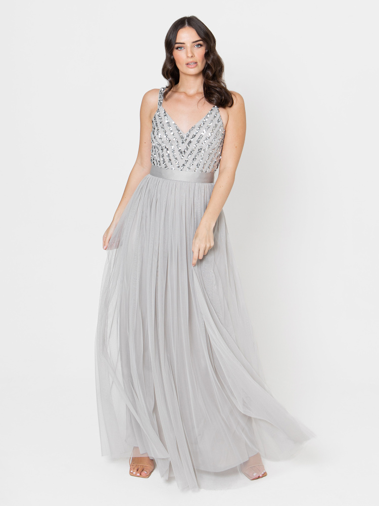 Maya Soft Grey Sleeveless Stripe Embellished Maxi Dress
