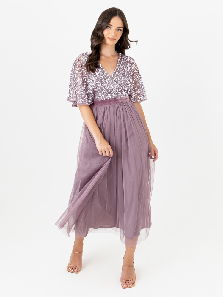 Maya Moody Lilac Embellished Faux Wrap Front Midaxi Dress with Velvet Waistband 