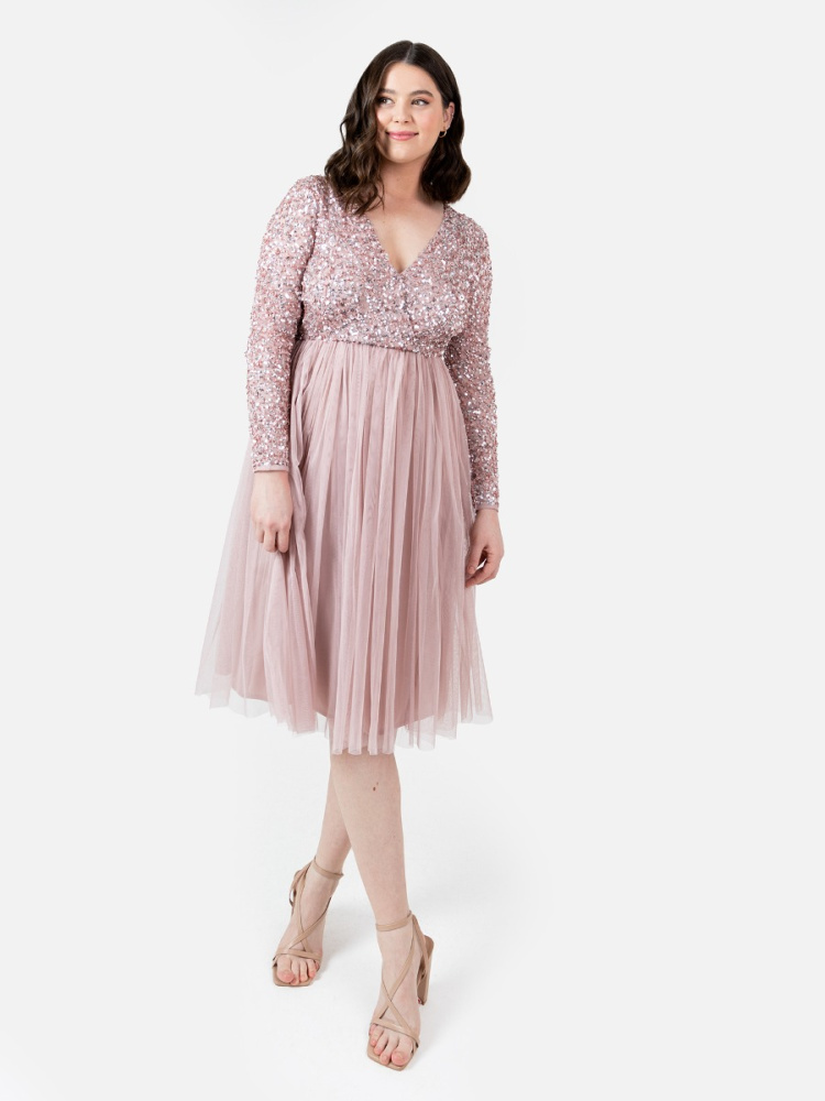 Maya Curve Frosted Pink Faux Wrap Embellished Long Sleeve Midi Dress