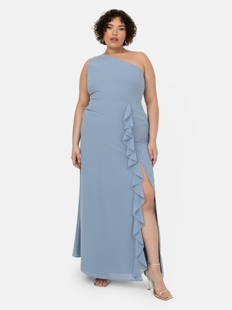 Anaya With Love Recycled Soft Blue One Shoulder Waterfall Ruffle Maxi Dress