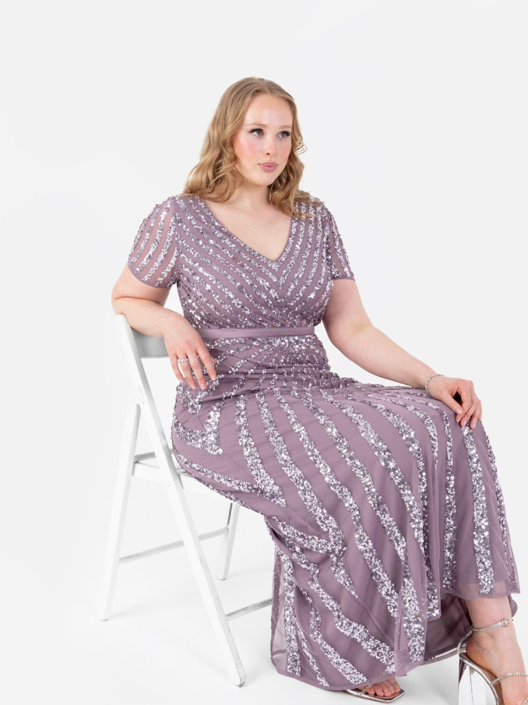 Maya Moody Lilac Short Sleeve Stripe Embellished Maxi Dress 