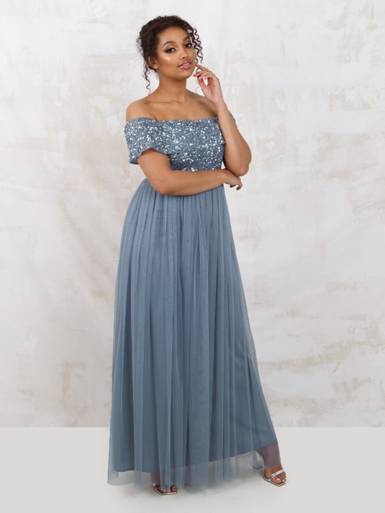 Maya Dusty Blue Bardot Embellished Maxi Dress