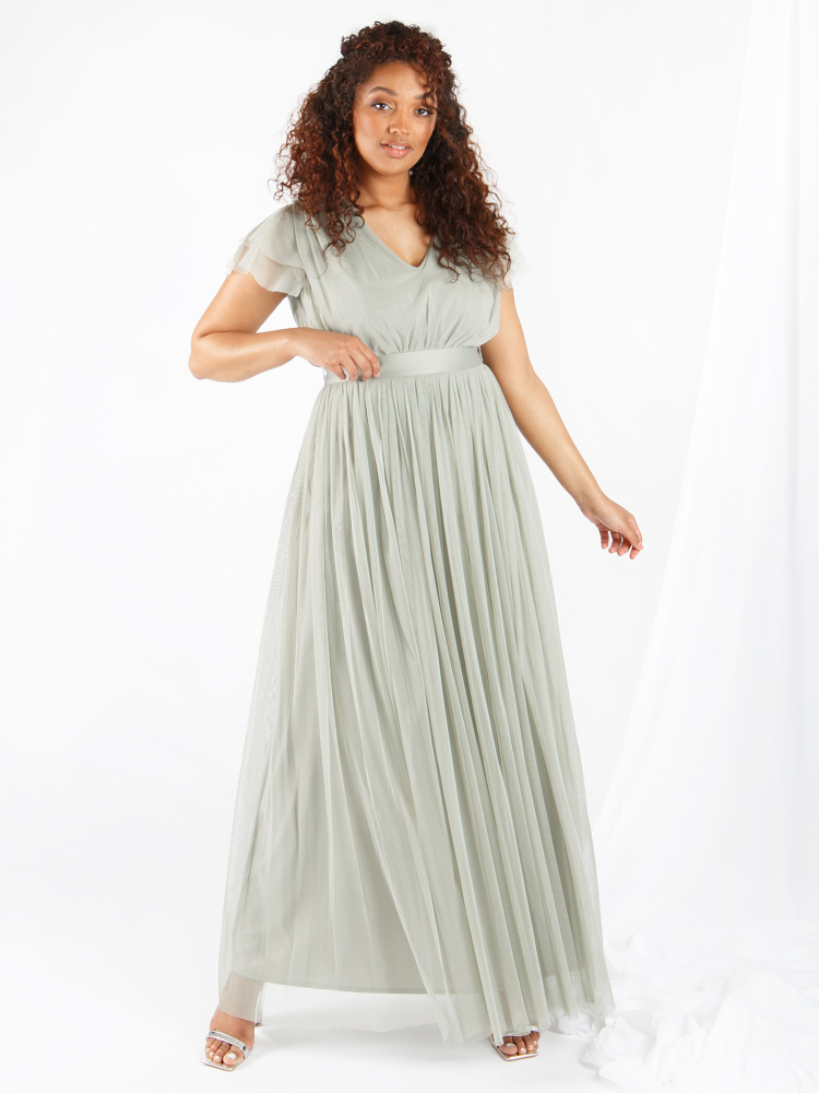 Anaya With Love Soft Sage V Neckline Recycled Tulle Maxi Dress with Sash Belt