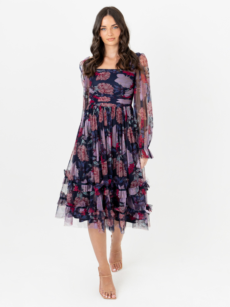 Anaya With Love Recycled Navy Floral Print Square Neck Midi Dress with Ruffle Detail