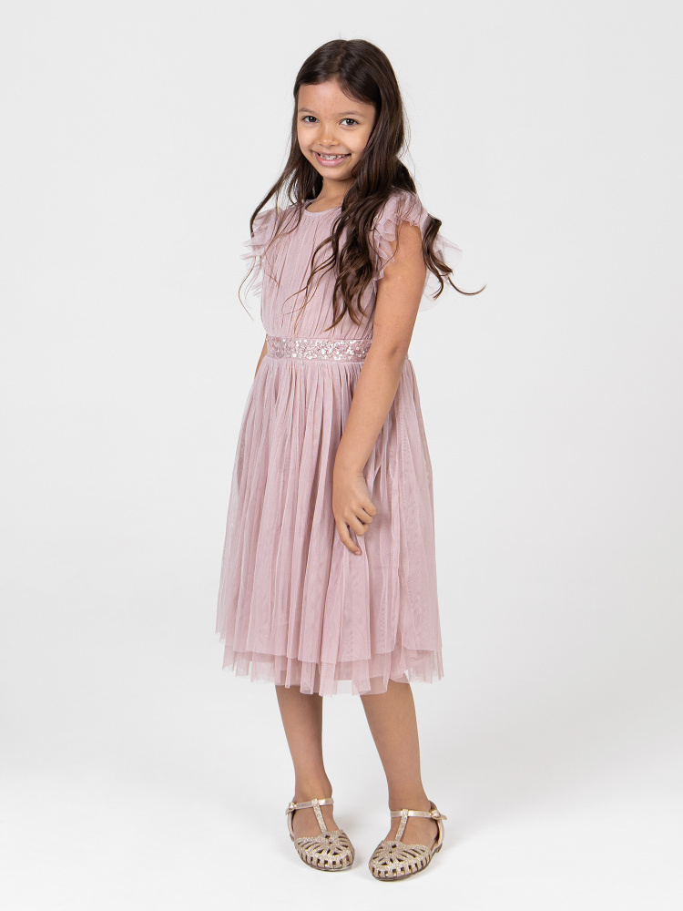 Mini Maya Frosted Pink Midi Dress with Frill Sleeves and Embellished Waist