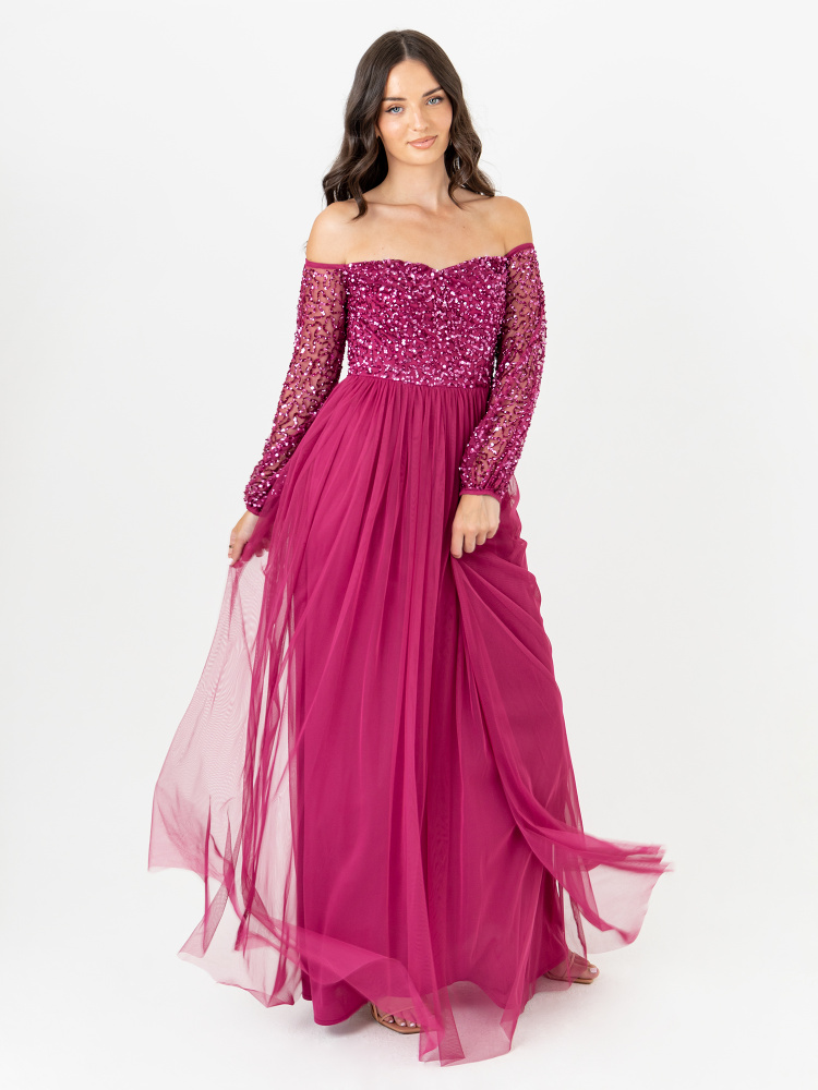 Maya Claret Pink Bardot Embellished Maxi Dress 