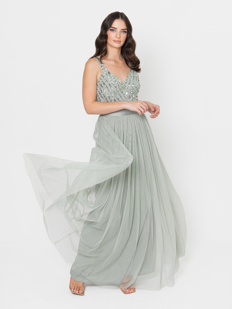 Maya Sage Green Sleeveless Stripe Embellished Maxi Dress