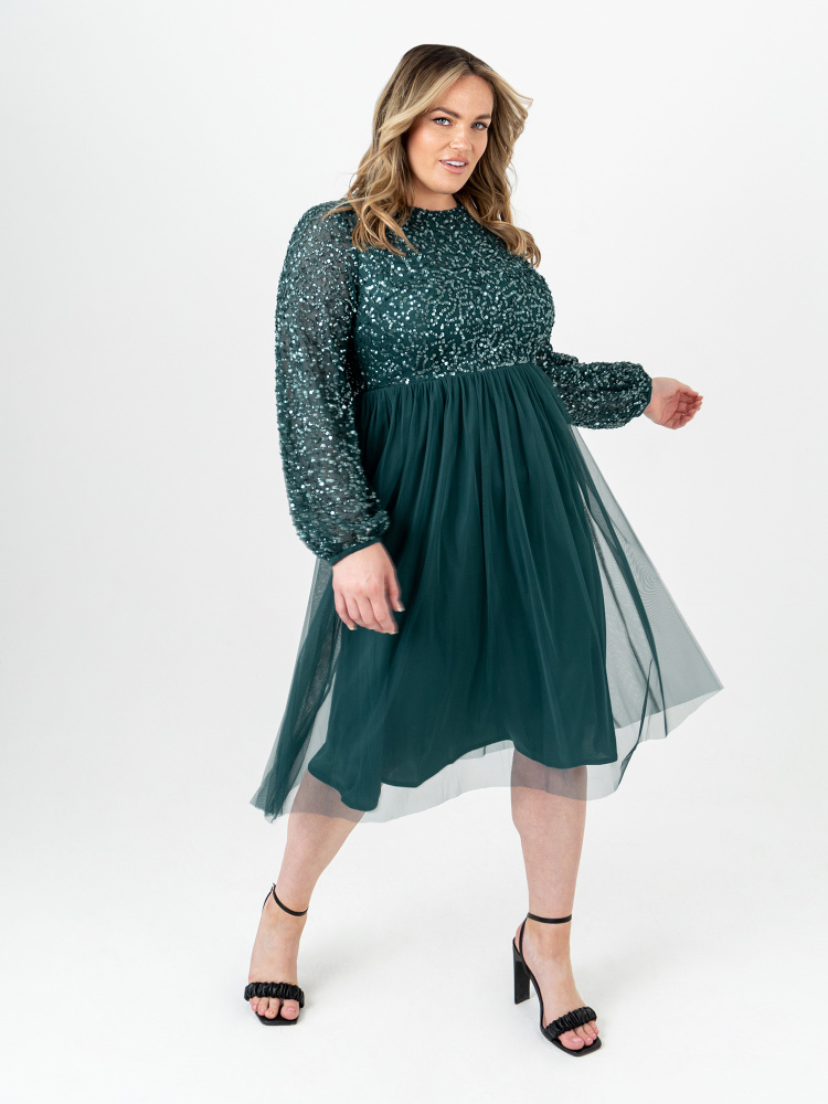 Maya Curve Deep Teal Embellished Midi Dress with Long Sleeves and Keyhole Detail