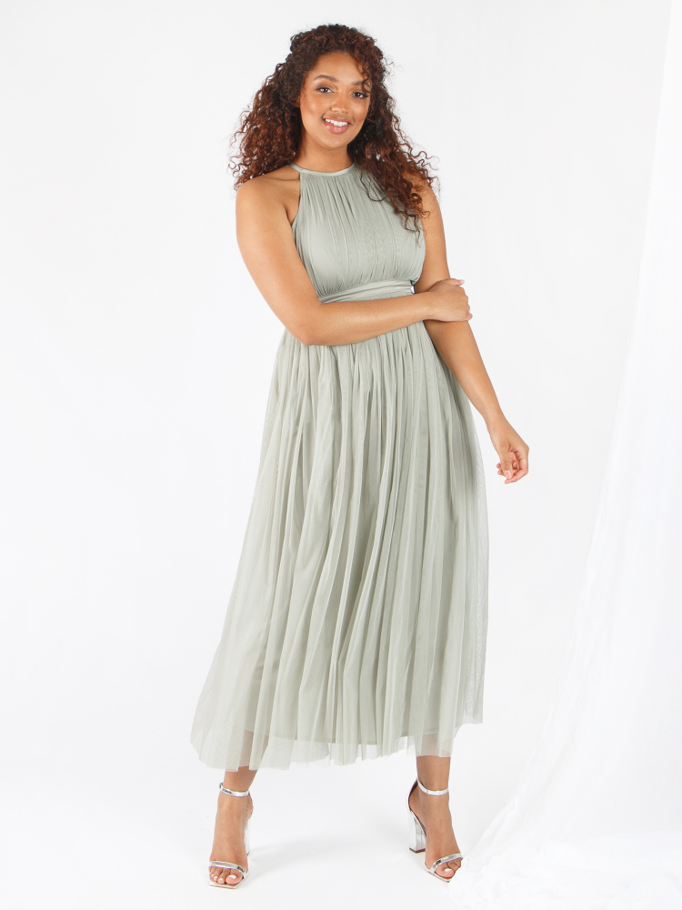 Anaya With Love Soft Sage Halter Neck Recycled Tulle Midaxi Dress
