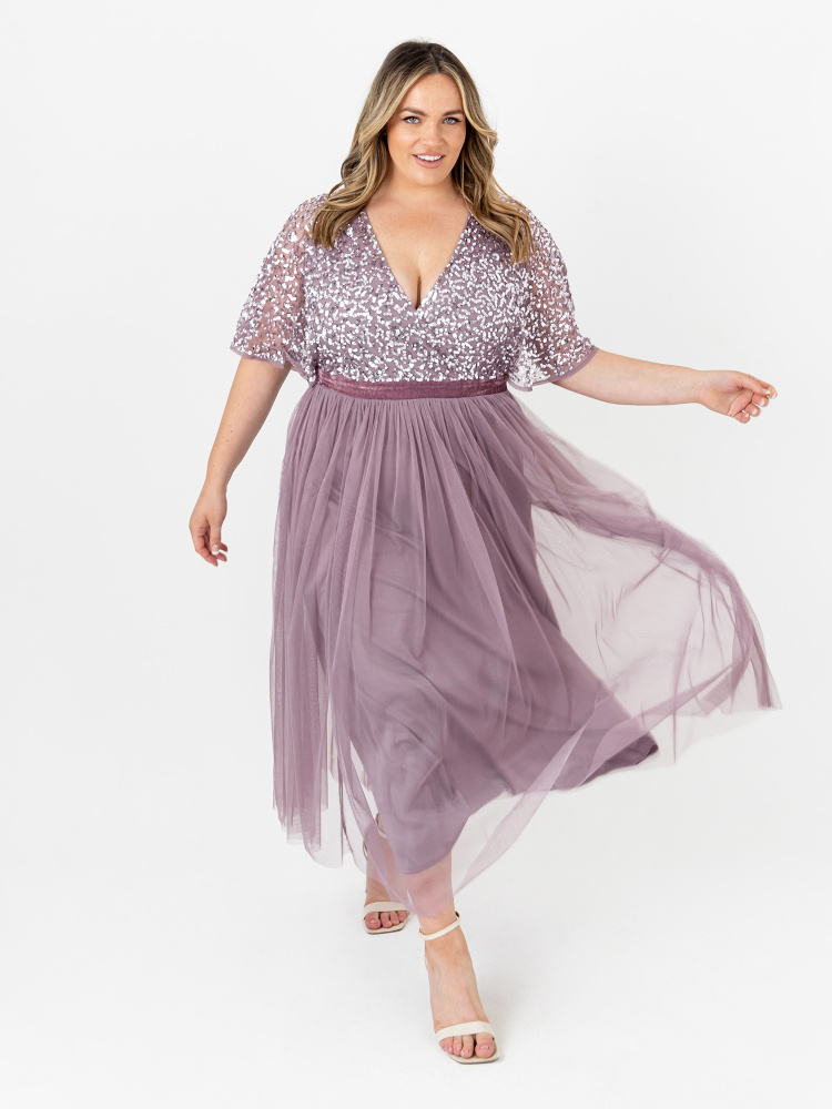 Maya Curve Moody Lilac Embellished Faux Wrap Front Midaxi Dress with Velvet Waistband 