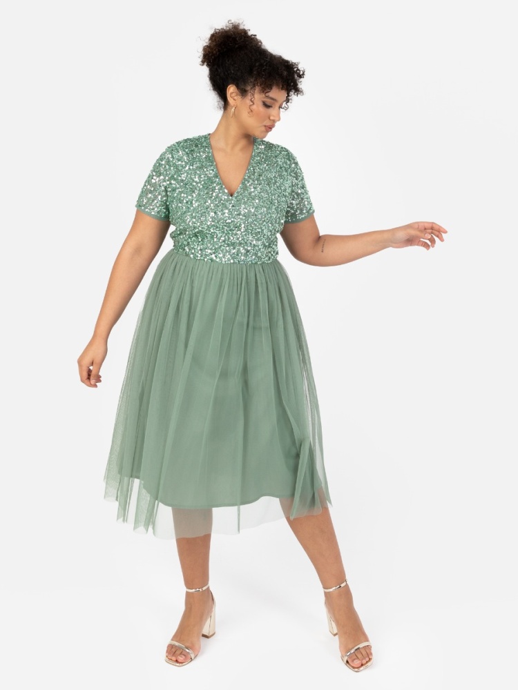 Maya Dark Sage Green V Neckline Embellished Midi Dress