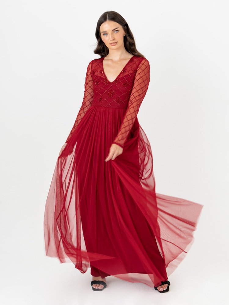 Maya Red Embellished Long Sleeve Maxi Dress 