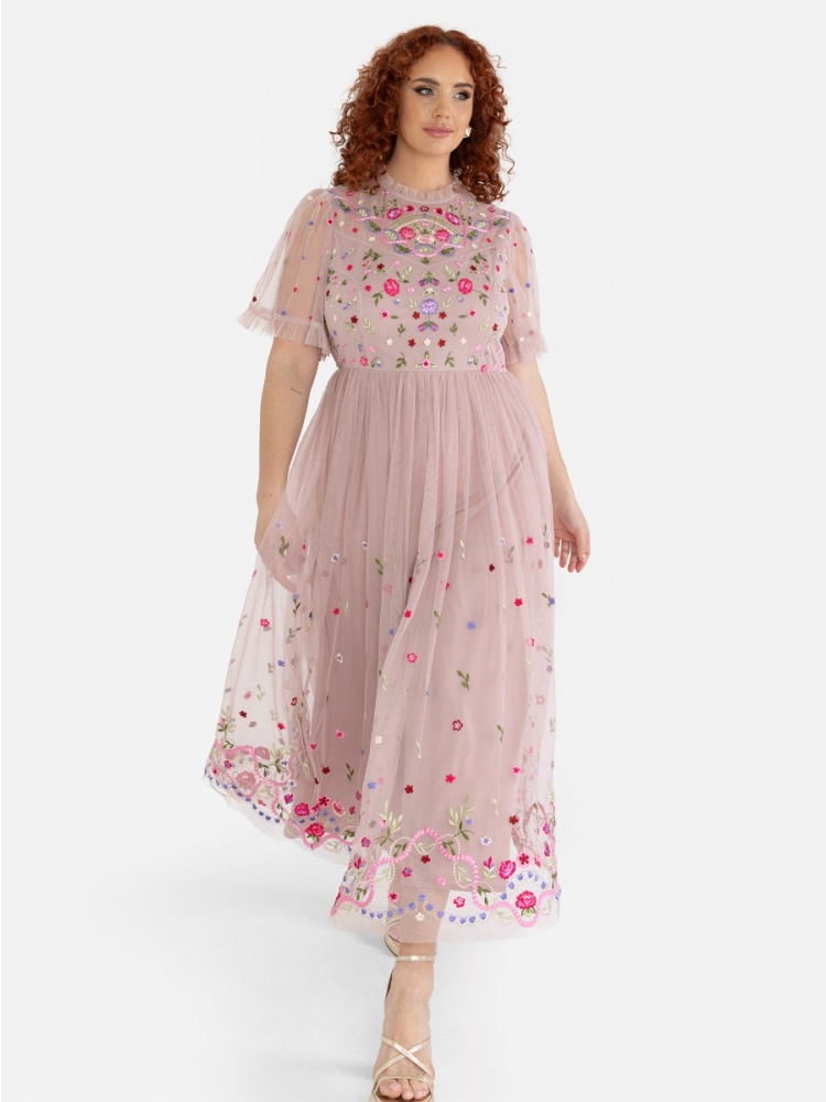 Maya Frosted Pink Embroidered Short Sleeve Midaxi Dress