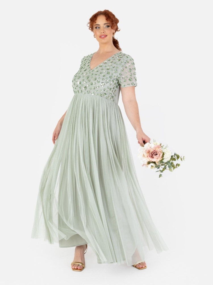 Maya Sage Green Floral Embellished Short Sleeve Maxi Dress