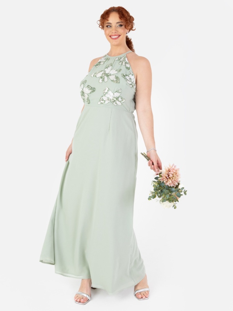 Maya Sage Green Floral Embellished Halter Neck Chiffon Maxi Dress