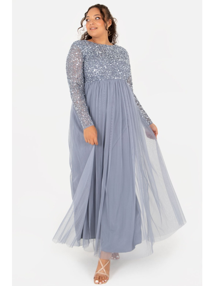 Maya Curve Dusty Blue Embellished Long Sleeve Maxi Dress