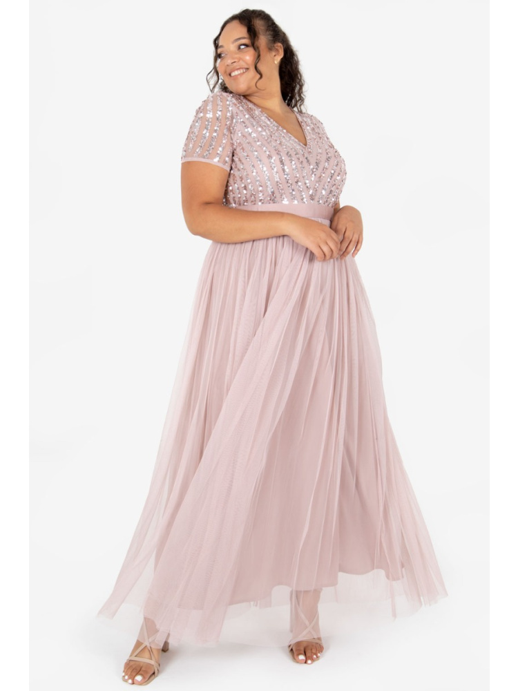 Maya Curve Frosted Pink Stripe Embellished Maxi Dress With Sash Belt