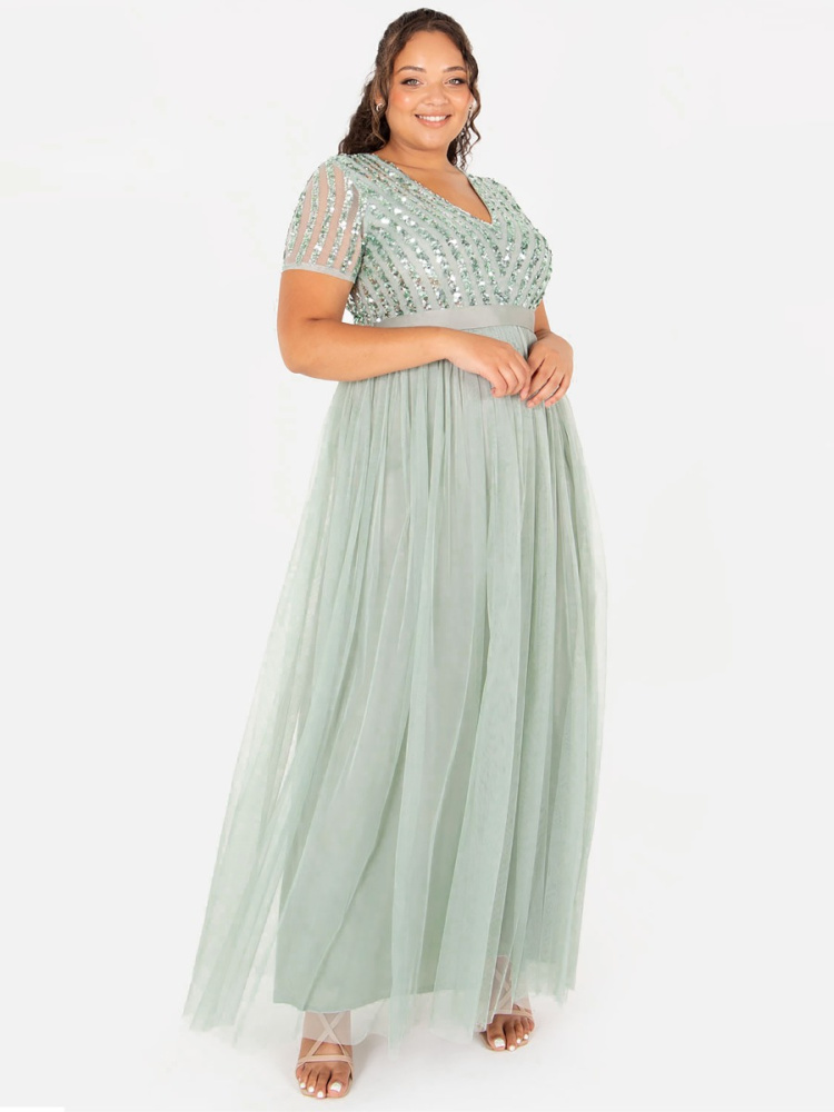 Maya Sage Green Stripe Embellished Maxi Dress With Sash Belt