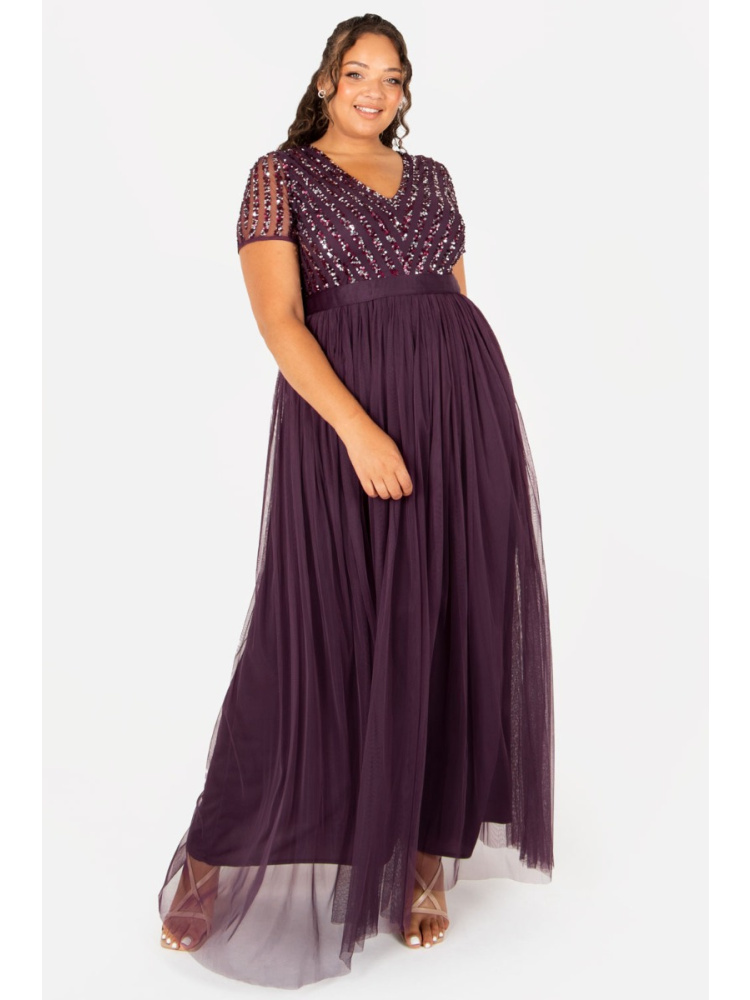 Maya Curve Berry Stripe Embellished Maxi Dress With Sash Belt