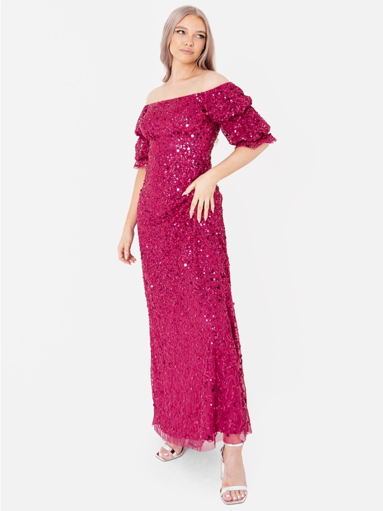 Maya Fully Embellished Raspberry Bardot Maxi Dress