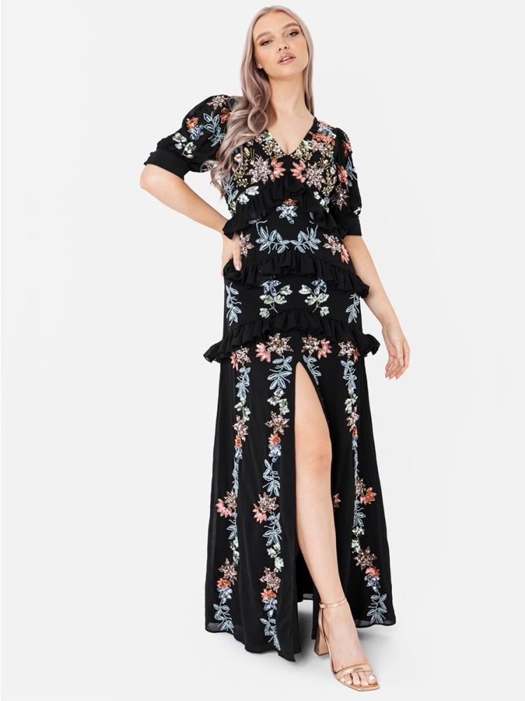 Maya Floral Embellished Black Maxi Dress with Front Split