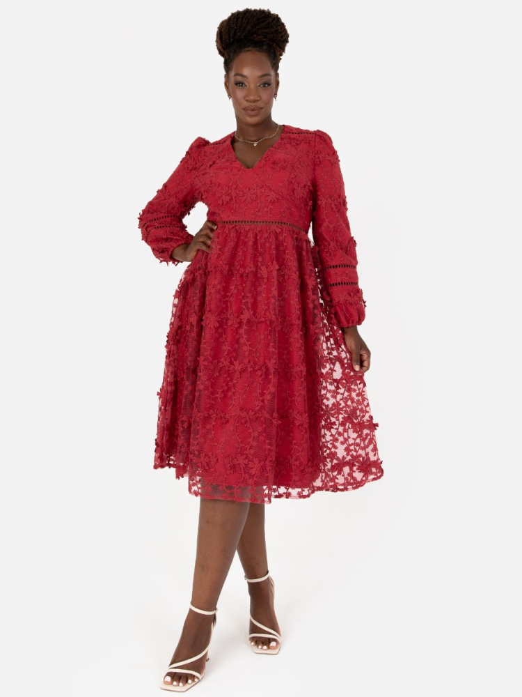 Maya Red 3D Floral Embroidered Long Sleeve Midi Dress