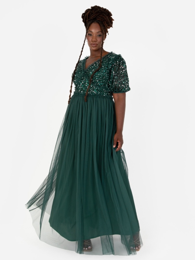 Maya Emerald Green Short Sleeve Embellished Maxi Dress