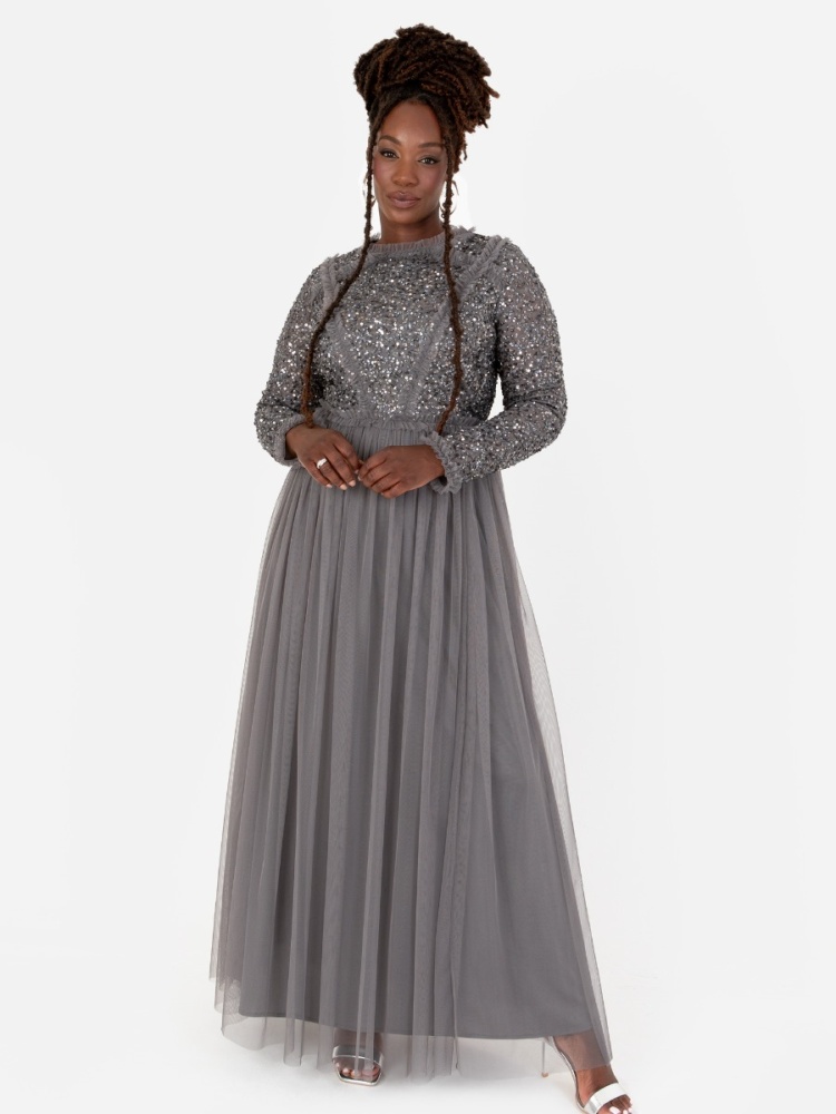 Maya Charcoal Long Sleeve Embellished Maxi Dress with Frill Detail