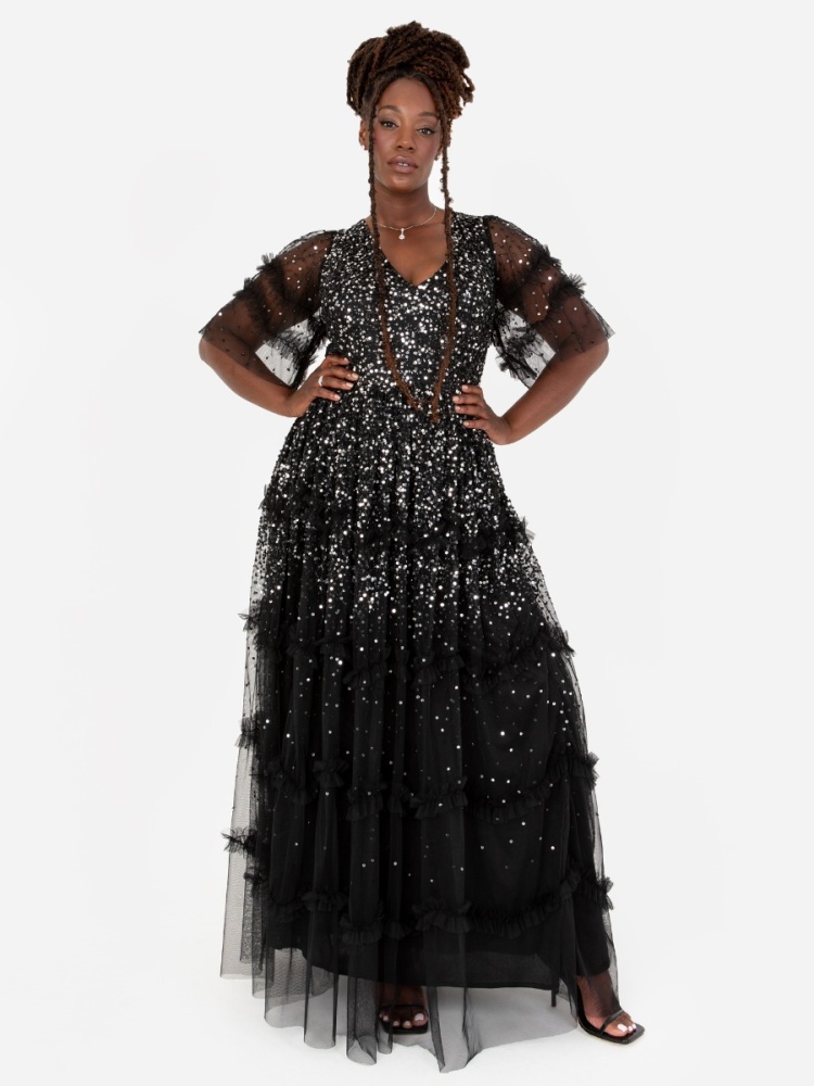 Maya Black Fully Embellished Short Sleeve Maxi Dress