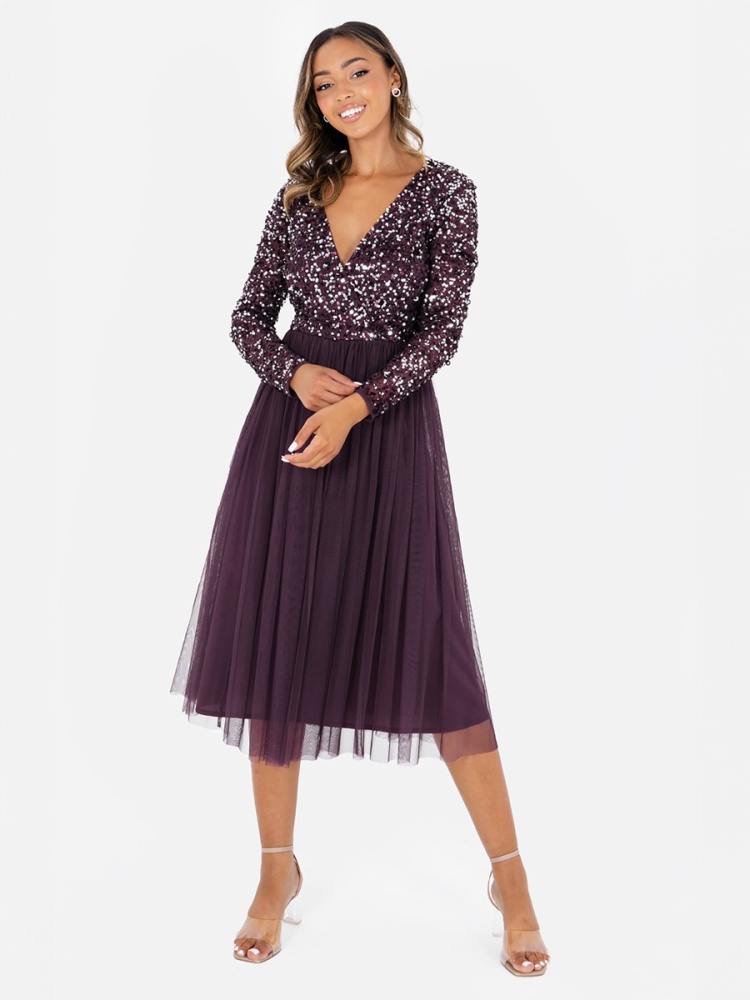 Maya Berry Faux Wrap Embellished Long Sleeve Midi Dress